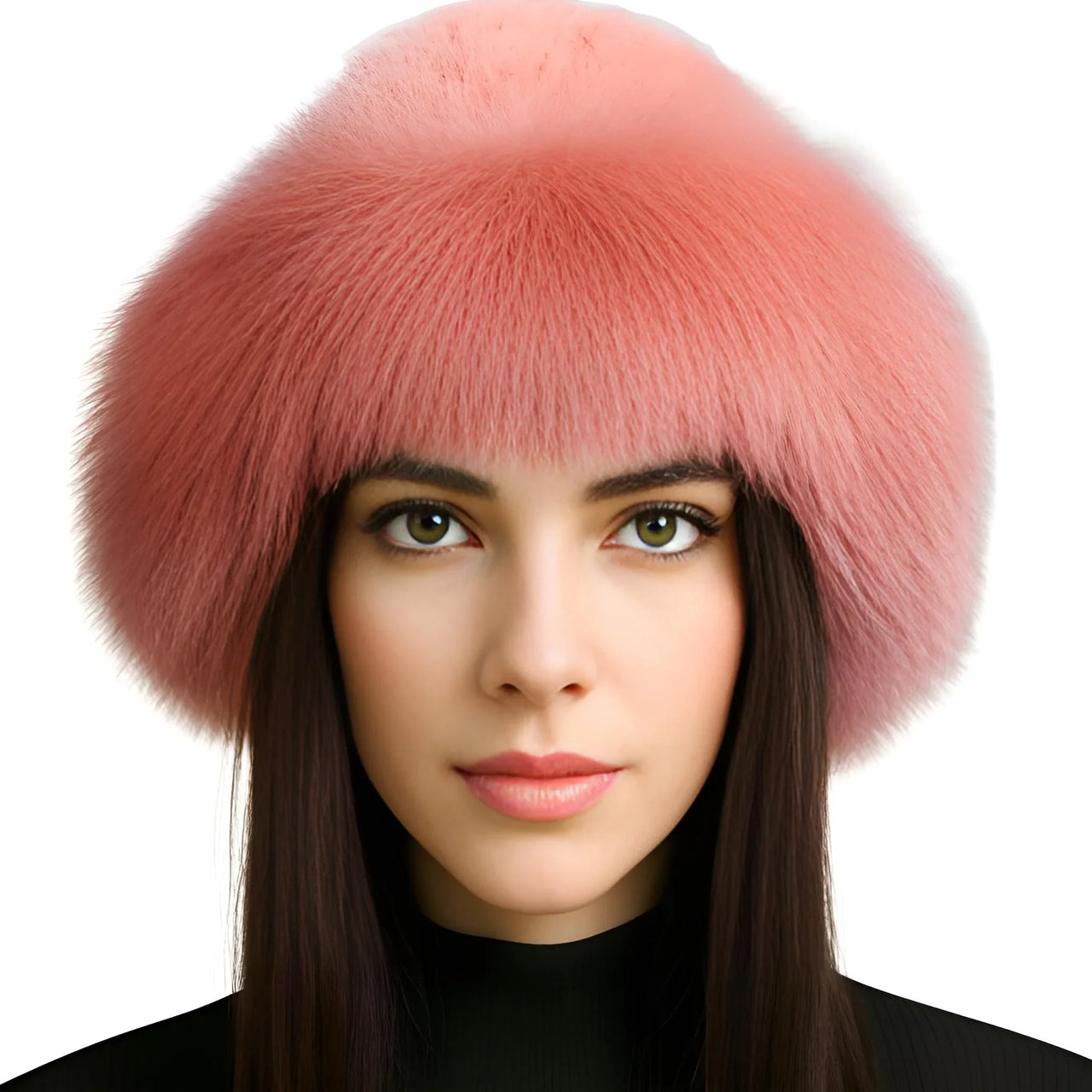Woman wearing a pink fur hat on a white background