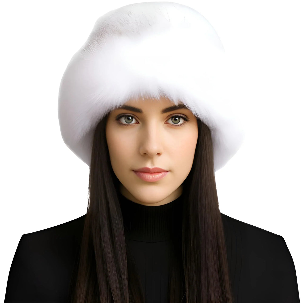 Woman wearing a white fur hat on a white background