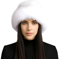 Thumbnail for Woman wearing a white fur hat on a white background