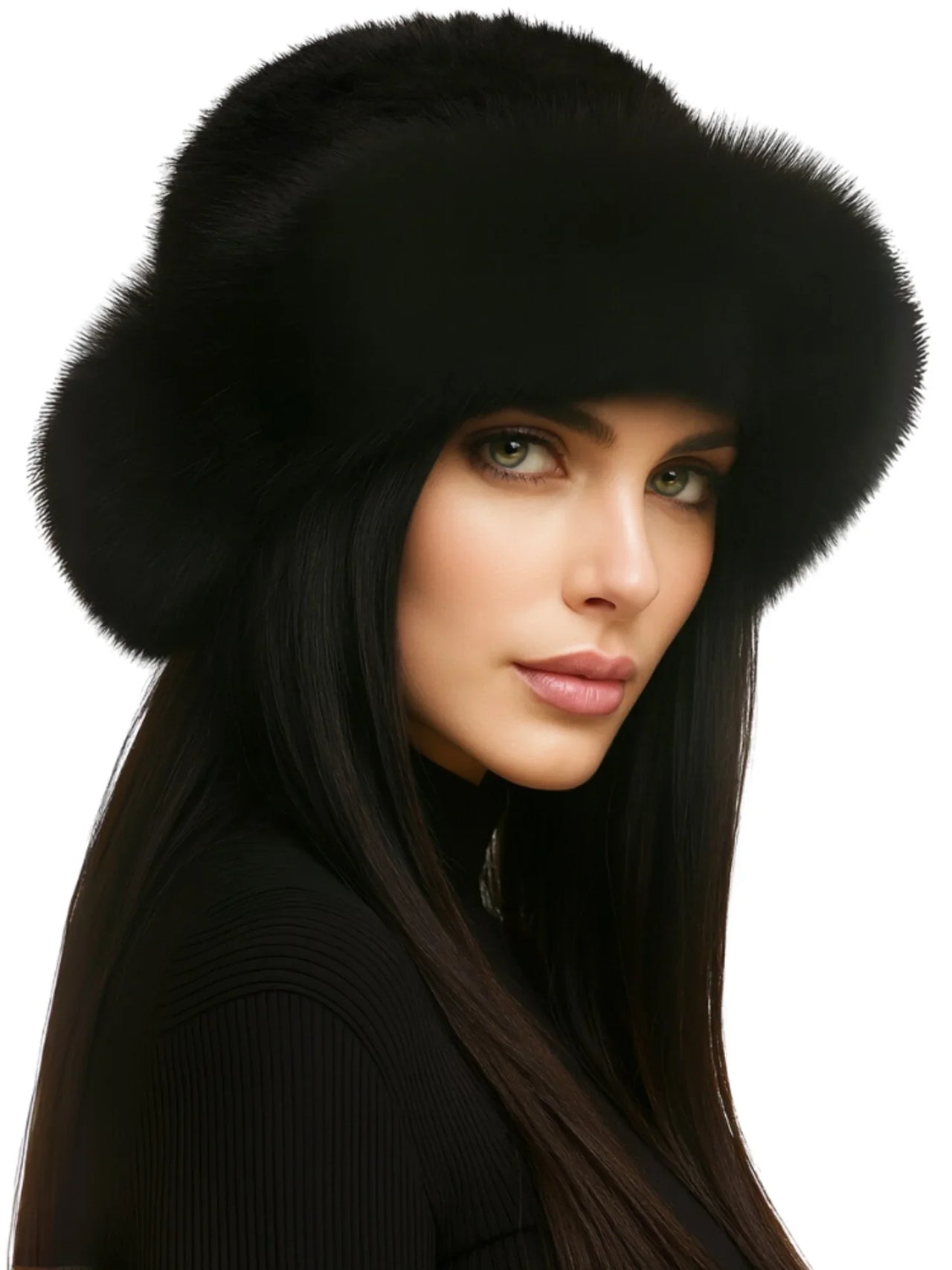 Woman wearing a black fur hat on a white background