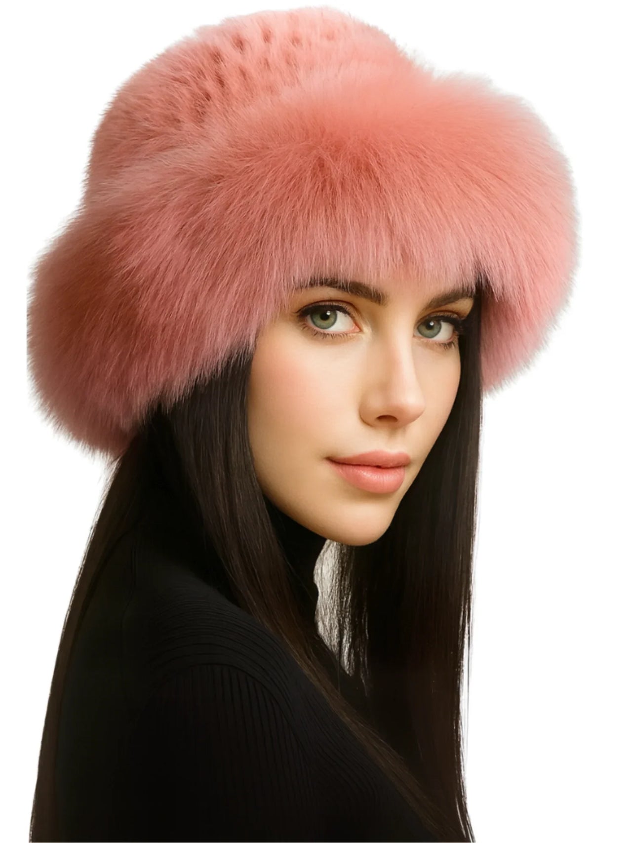 Woman wearing a pink fur hat on a white background