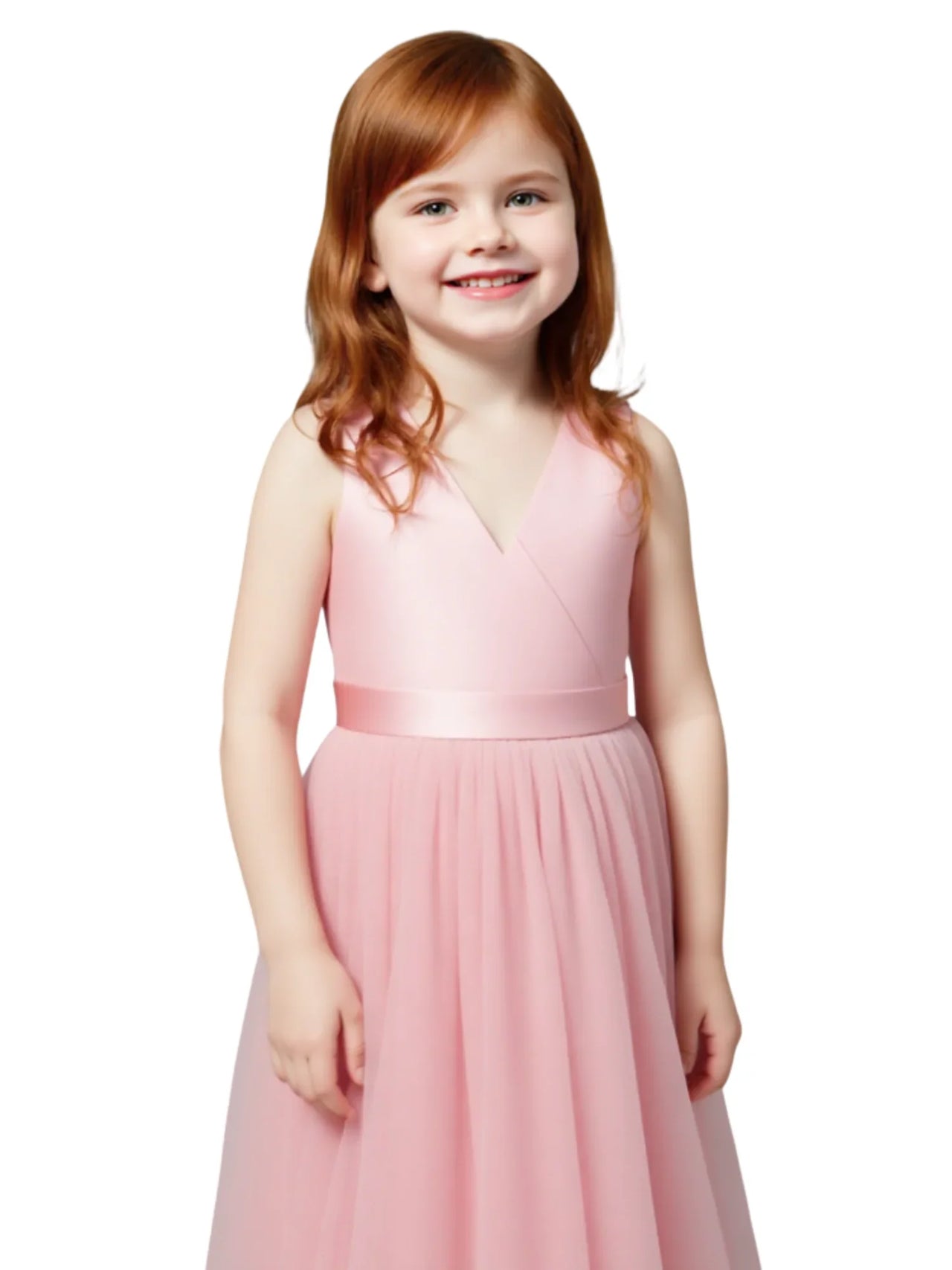Young girl wearing a pink dress on a white background
