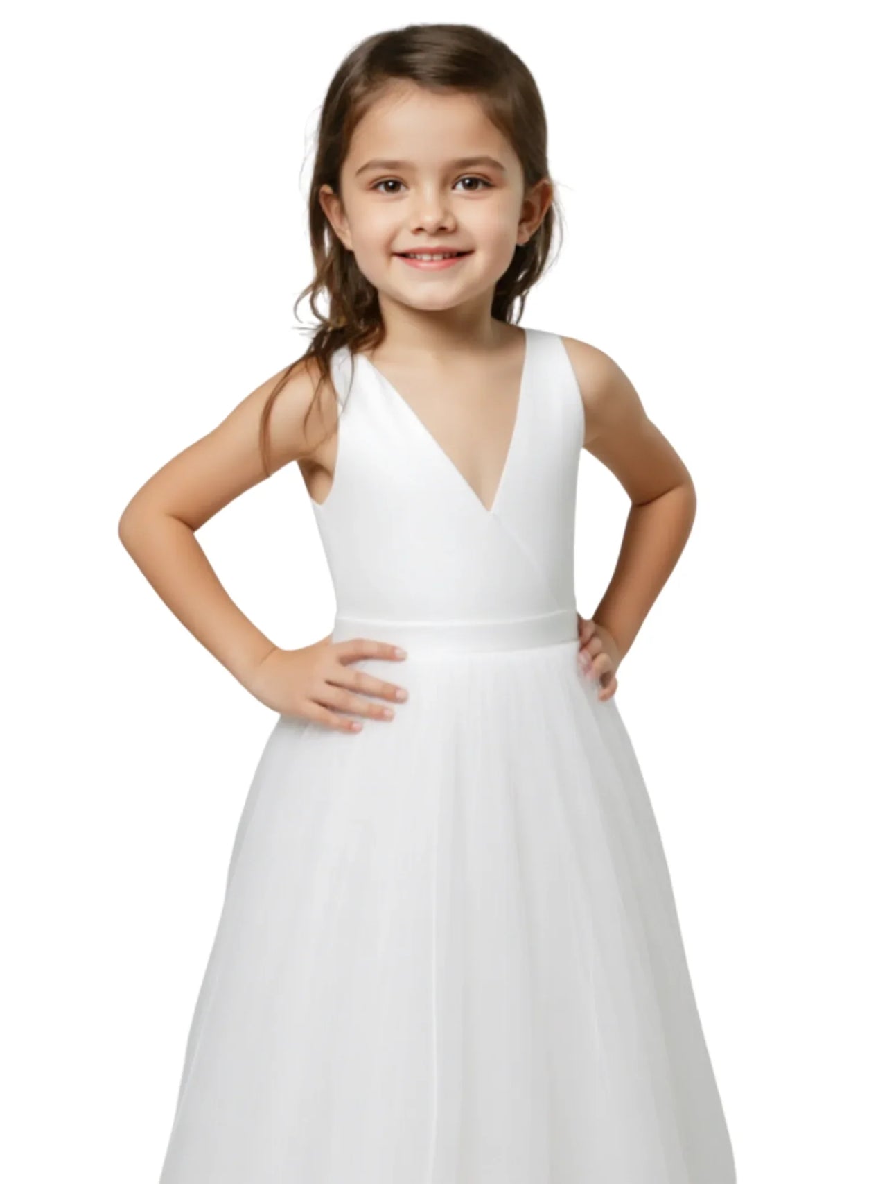 Young girl wearing a white dress on a white background