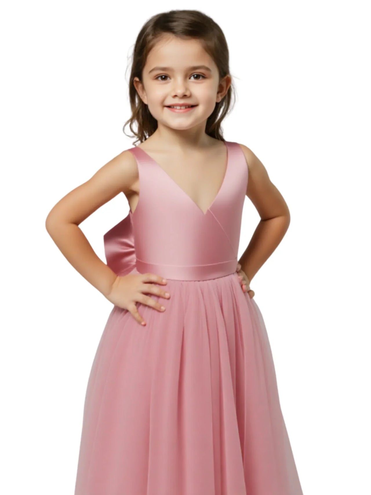 Young girl wearing a pink dress on a white background