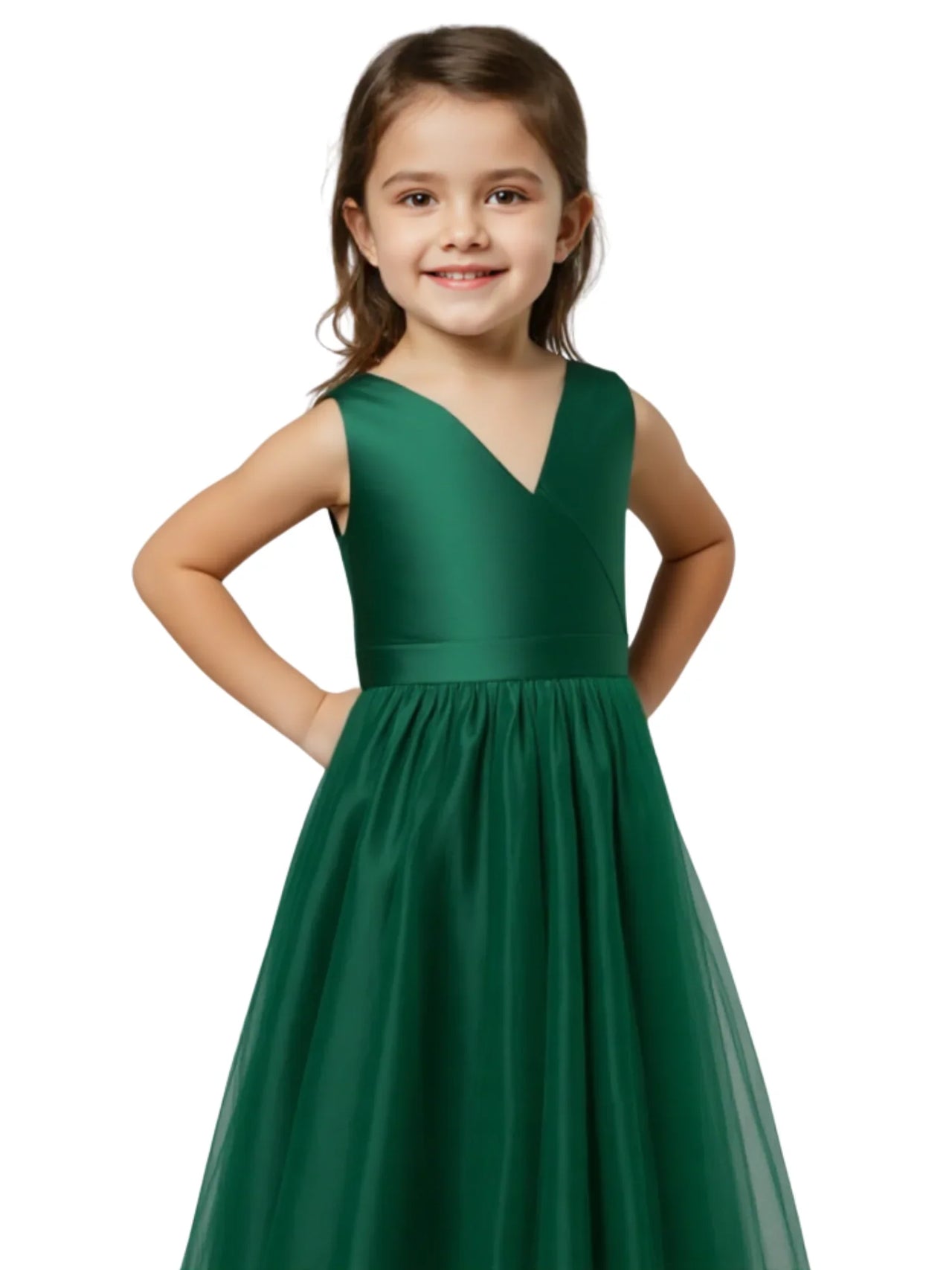 Young girl wearing a green dress on a white background