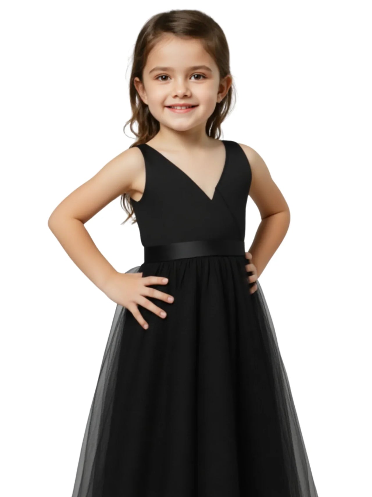 Young girl wearing a black dress with a white background