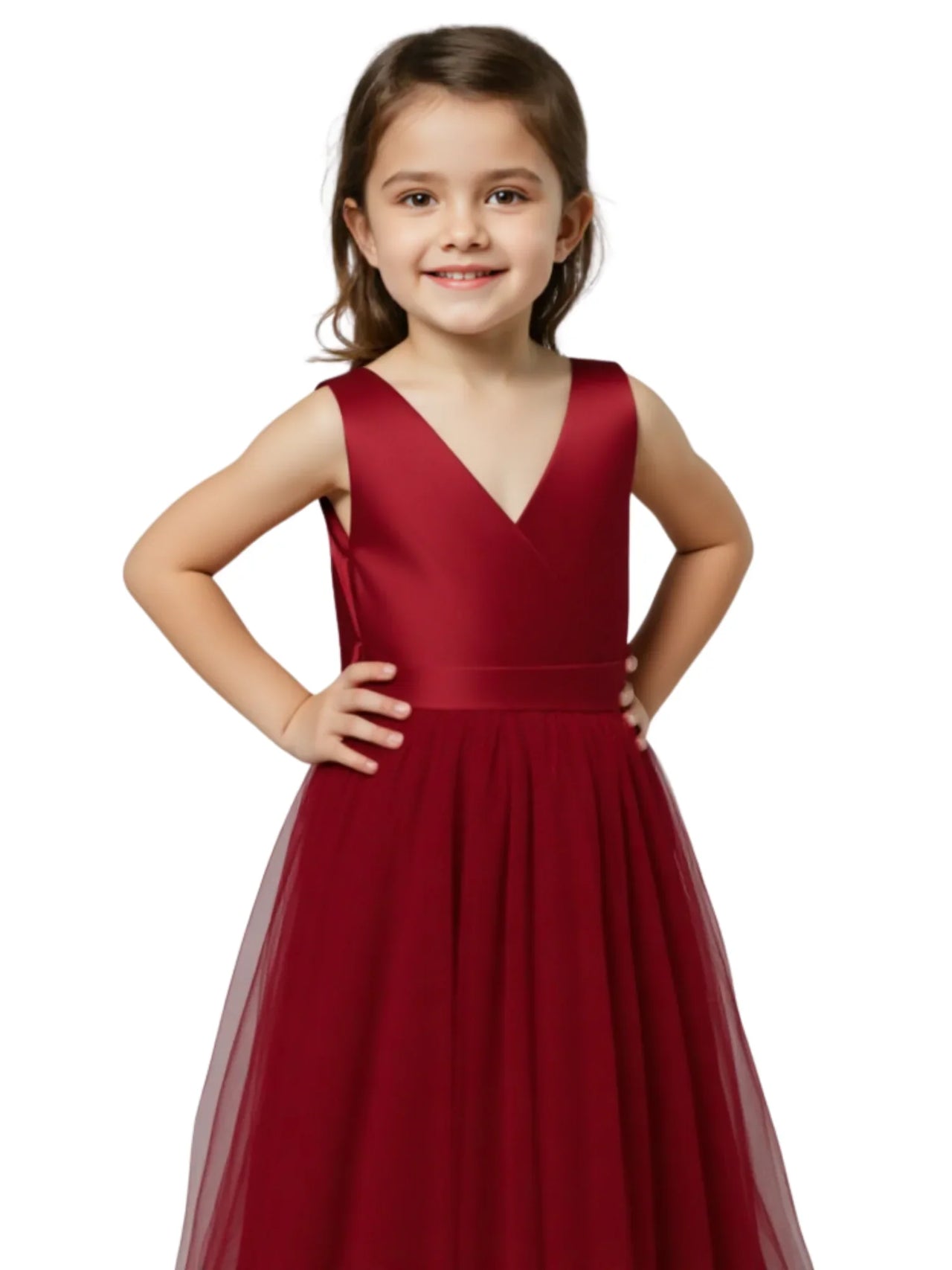 Young girl wearing a red dress on a white background