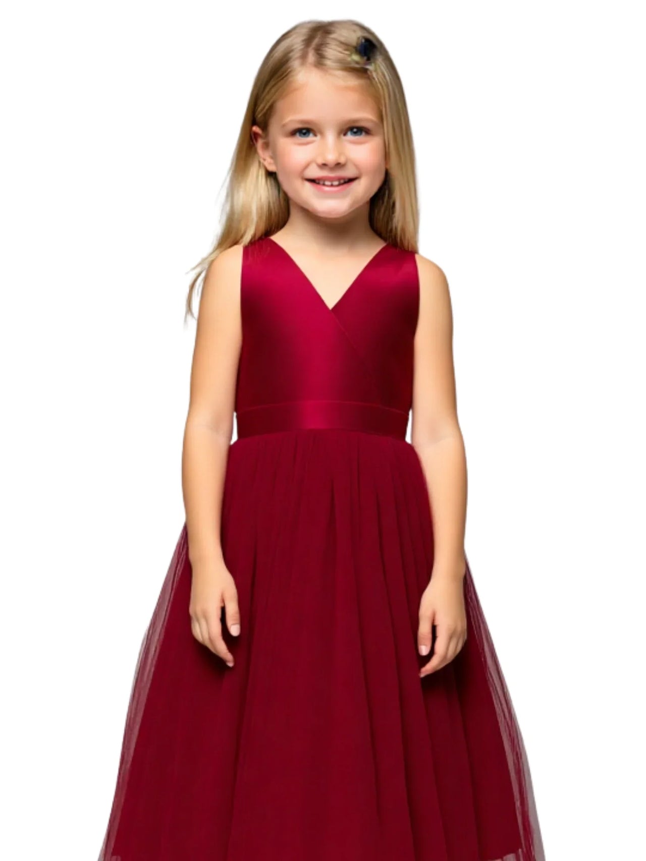 Young girl wearing a red dress on a white background