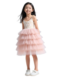 Thumbnail for Young girl wearing a pink tiered dress with a white lace top on a white background