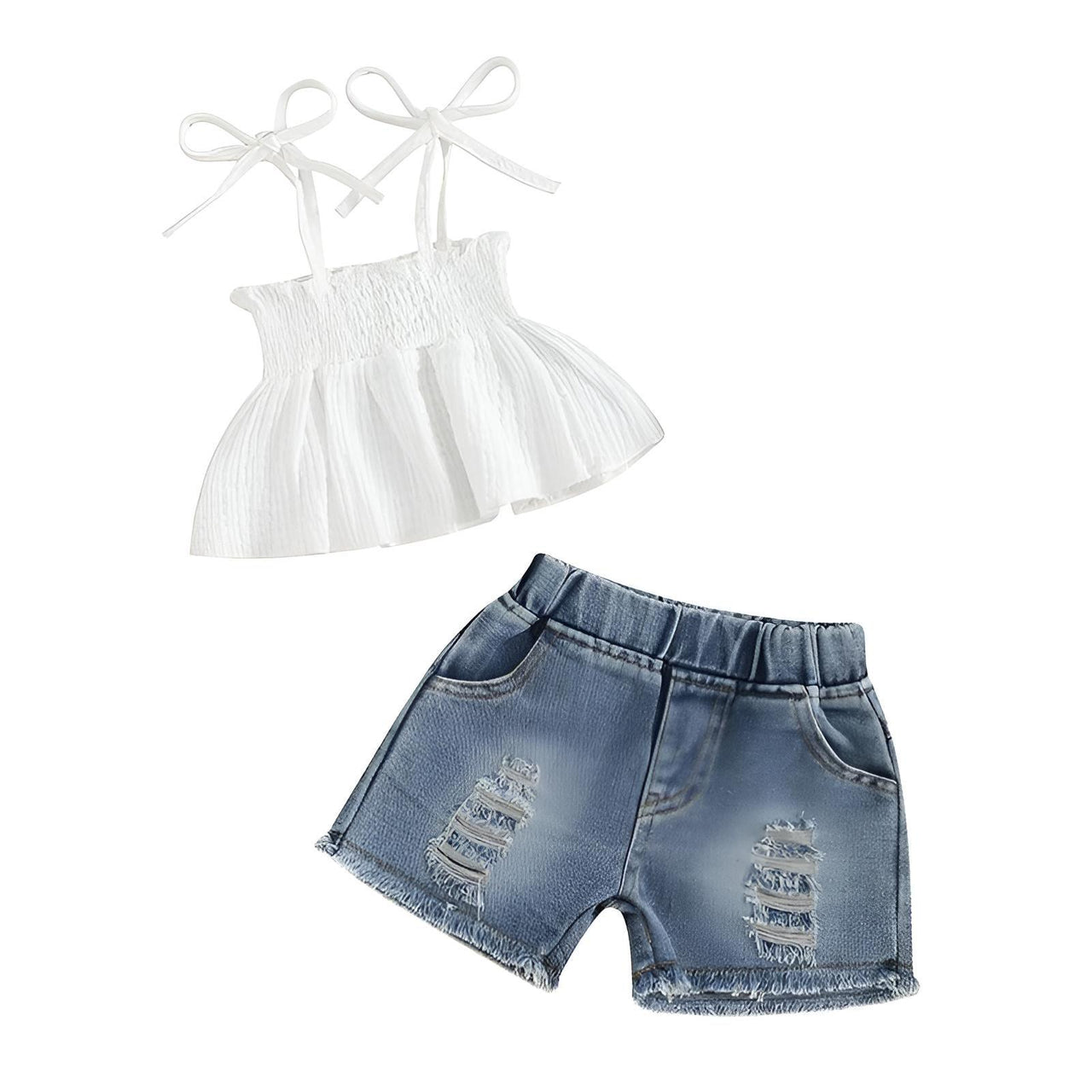 Girl's Tie-up Pleated Camisole with Ripped Denim Shorts Summer 2-Piece Outfit 2-5T -, Baby & Toddler Outfits , Drestiny , 18M, 2T, 3T, 4T, 5T, Australia, Canada, Casual Shirts, Crop Tops, Girls, Green, New Zealand, Pink, Sets, Short Sets, Shorts, Sleeveless, TD, United Kingdom, United States, White , Drestiny , www.shopdrestiny.com