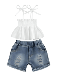 Thumbnail for Girl's Tie-up Pleated Camisole with Ripped Denim Shorts Summer 2-Piece Outfit 2-5T -, Baby & Toddler Outfits , Drestiny , 18M, 2T, 3T, 4T, 5T, Australia, Canada, Casual Shirts, Crop Tops, Girls, Green, New Zealand, Pink, Sets, Short Sets, Shorts, Sleeveless, TD, United Kingdom, United States, White , Drestiny , www.shopdrestiny.com