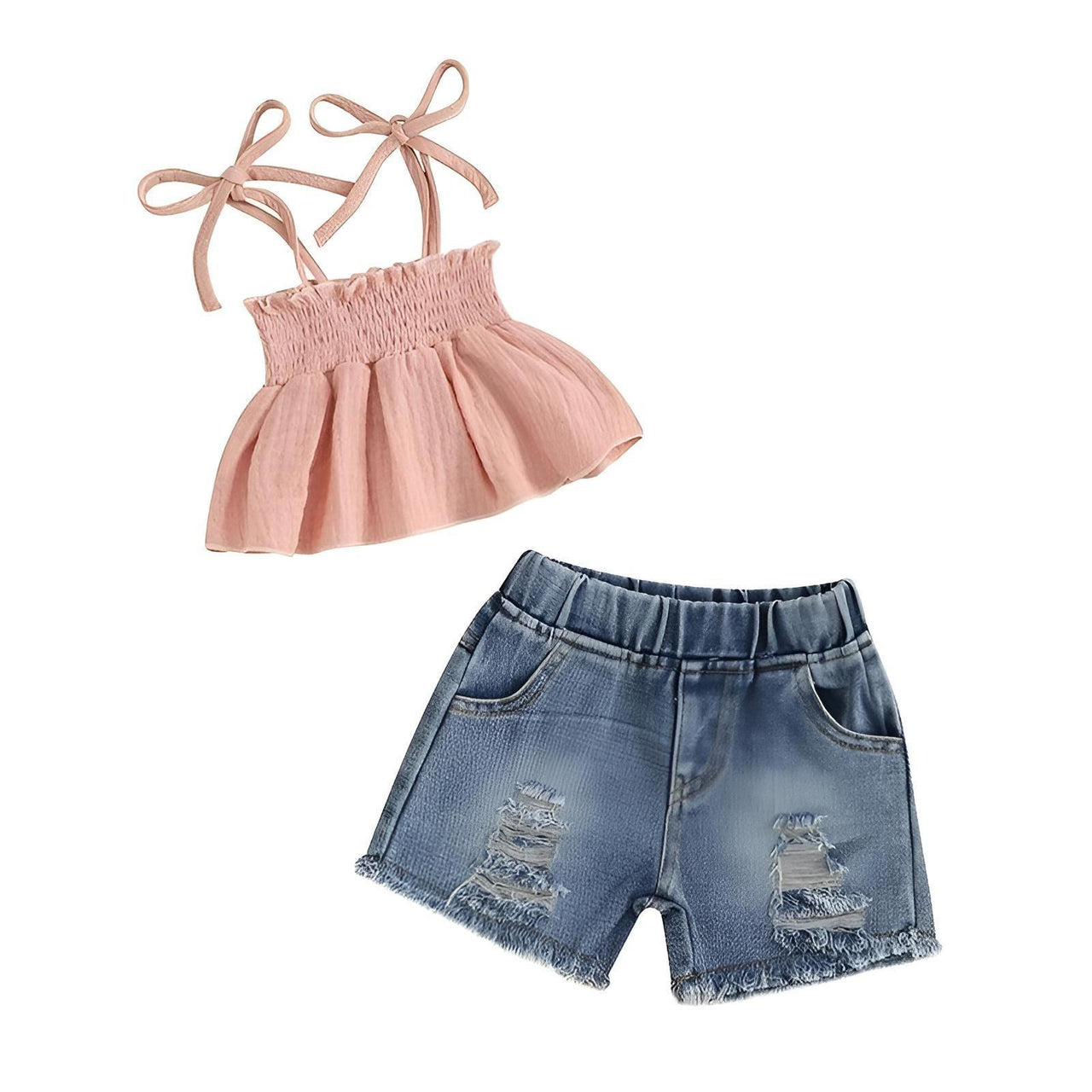 Girl's Tie-up Pleated Camisole with Ripped Denim Shorts Summer 2-Piece Outfit 2-5T -, Baby & Toddler Outfits , Drestiny , 18M, 2T, 3T, 4T, 5T, Australia, Canada, Casual Shirts, Crop Tops, Girls, Green, New Zealand, Pink, Sets, Short Sets, Shorts, Sleeveless, TD, United Kingdom, United States, White , Drestiny , www.shopdrestiny.com
