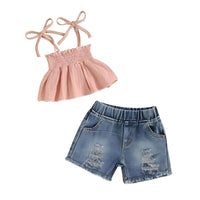 Thumbnail for Girl's Tie-up Pleated Camisole with Ripped Denim Shorts Summer 2-Piece Outfit 2-5T -, Baby & Toddler Outfits , Drestiny , 18M, 2T, 3T, 4T, 5T, Australia, Canada, Casual Shirts, Crop Tops, Girls, Green, New Zealand, Pink, Sets, Short Sets, Shorts, Sleeveless, TD, United Kingdom, United States, White , Drestiny , www.shopdrestiny.com