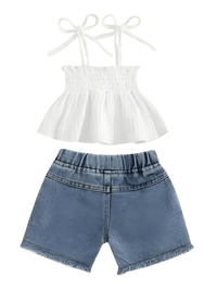 Thumbnail for Girl's Tie-up Pleated Camisole with Ripped Denim Shorts Summer 2-Piece Outfit 2-5T -, Baby & Toddler Outfits , Drestiny , 18M, 2T, 3T, 4T, 5T, Australia, Canada, Casual Shirts, Crop Tops, Girls, Green, New Zealand, Pink, Sets, Short Sets, Shorts, Sleeveless, TD, United Kingdom, United States, White , Drestiny , www.shopdrestiny.com