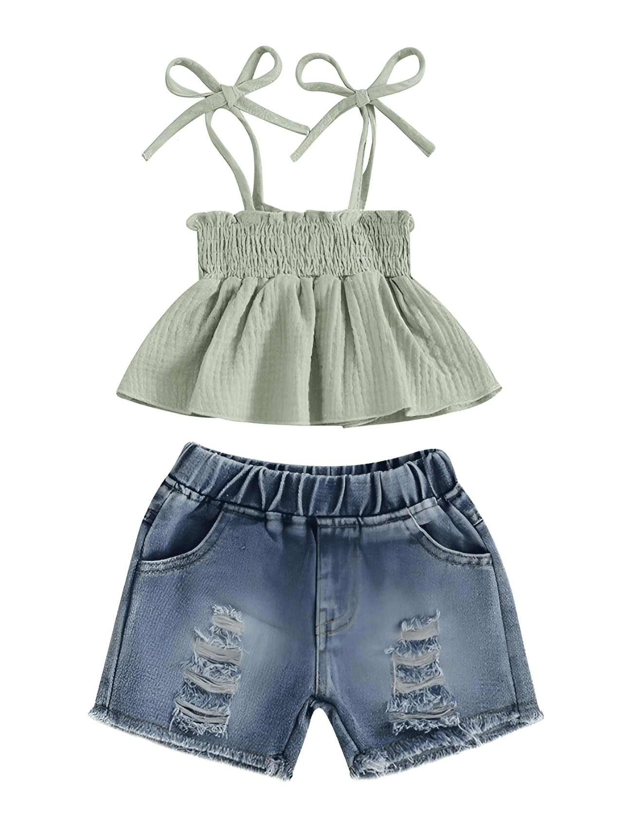 Girl's Tie-up Pleated Camisole with Ripped Denim Shorts Summer 2-Piece Outfit 2-5T -, Baby & Toddler Outfits , Drestiny , 18M, 2T, 3T, 4T, 5T, Australia, Canada, Casual Shirts, Crop Tops, Girls, Green, New Zealand, Pink, Sets, Short Sets, Shorts, Sleeveless, TD, United Kingdom, United States, White , Drestiny , www.shopdrestiny.com
