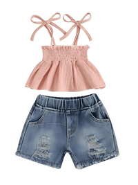 Thumbnail for Girl's Tie-up Pleated Camisole with Ripped Denim Shorts Summer 2-Piece Outfit 2-5T -, Baby & Toddler Outfits , Drestiny , 18M, 2T, 3T, 4T, 5T, Australia, Canada, Casual Shirts, Crop Tops, Girls, Green, New Zealand, Pink, Sets, Short Sets, Shorts, Sleeveless, TD, United Kingdom, United States, White , Drestiny , www.shopdrestiny.com