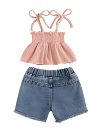 Thumbnail for Girl's Tie-up Pleated Camisole with Ripped Denim Shorts Summer 2-Piece Outfit 2-5T -, Baby & Toddler Outfits , Drestiny , 18M, 2T, 3T, 4T, 5T, Australia, Canada, Casual Shirts, Crop Tops, Girls, Green, New Zealand, Pink, Sets, Short Sets, Shorts, Sleeveless, TD, United Kingdom, United States, White , Drestiny , www.shopdrestiny.com