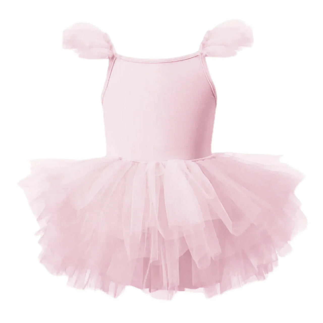 Light pink ballet tutu dress with pom pom straps on a white background