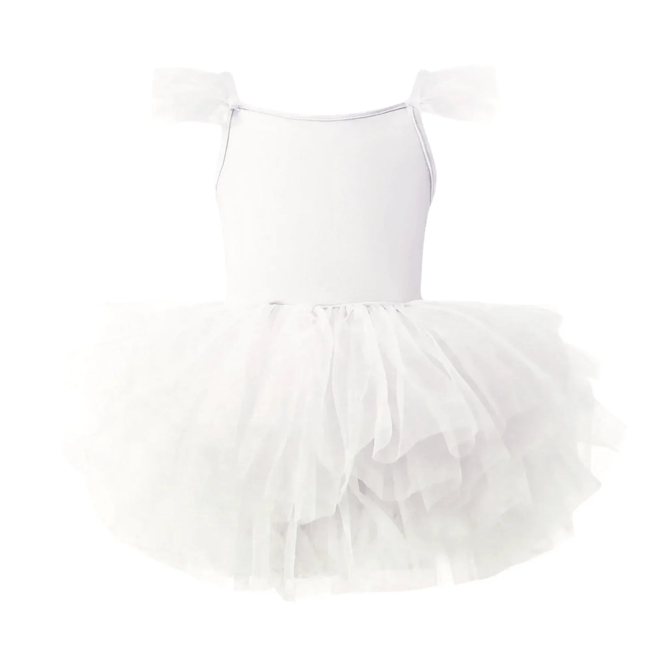 Bright white ballet tutu dress with pom pom sleeves on a white background