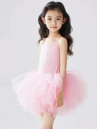 Thumbnail for Young girl wearing a bright pink ballet tutu dress with thin straps against a white background