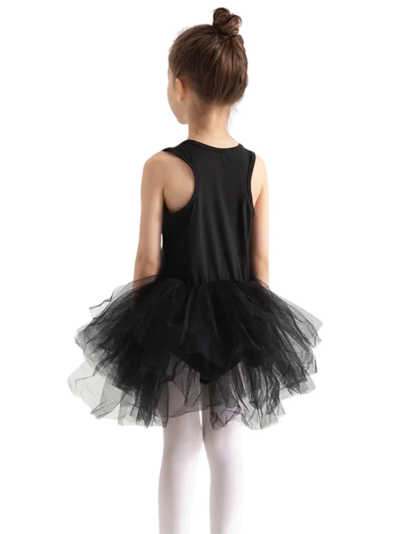 Girl wearing a black sleeveless Ballet Tutu Dress on a white background