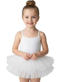 Thumbnail for Young girl wearing a white ballet tutu dress with thin straps on a white background