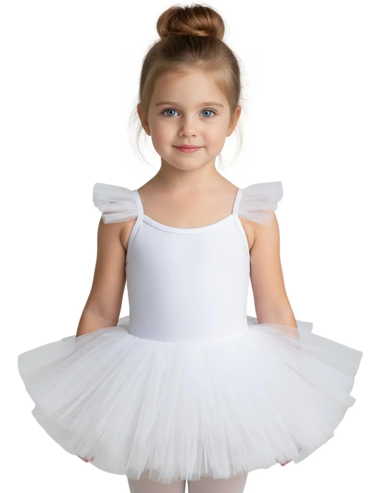 Young girl wearing a bright white ballet tutu dress with pom pom sleeves on a white background
