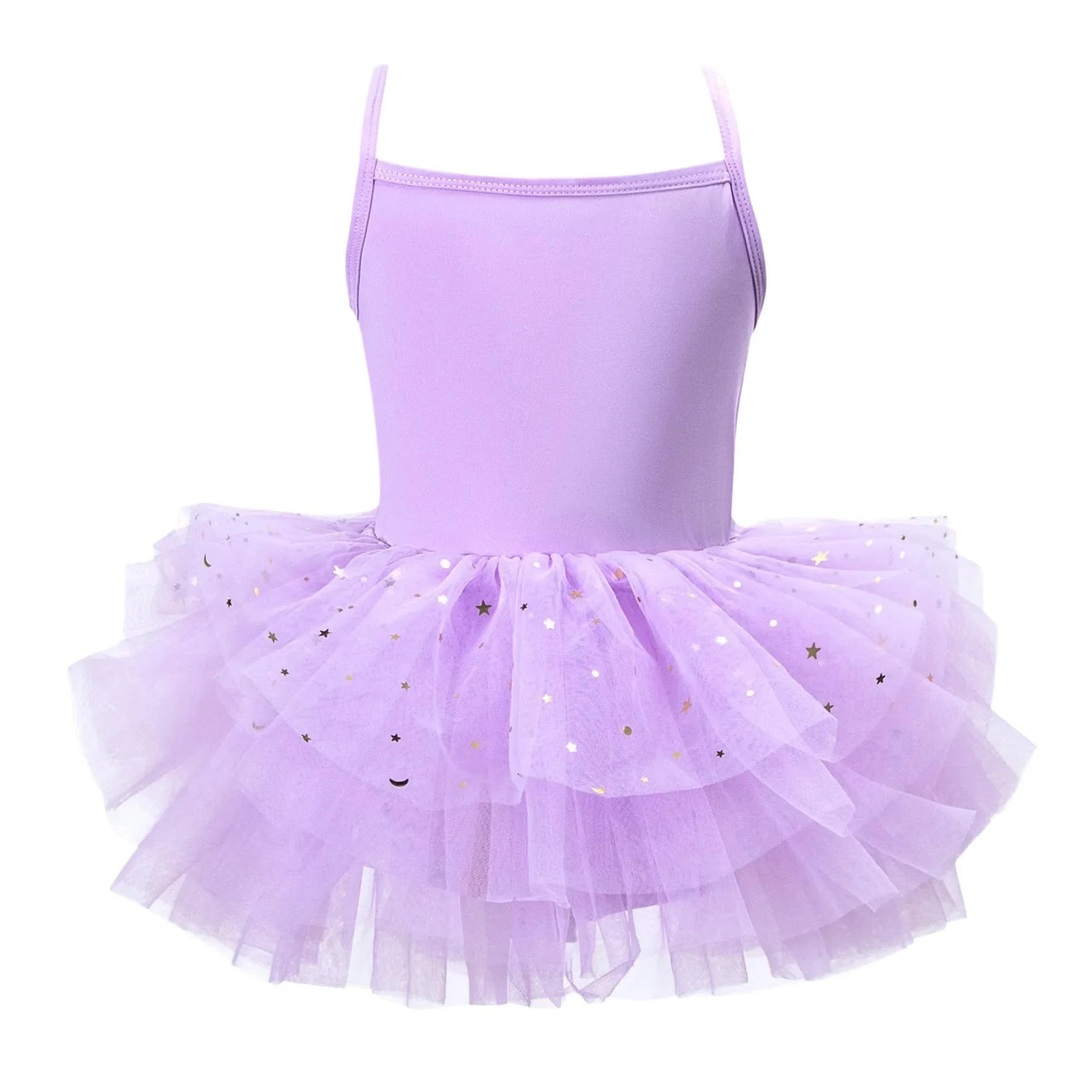 Purple glitter ballet tutu dress with thin straps on a white background