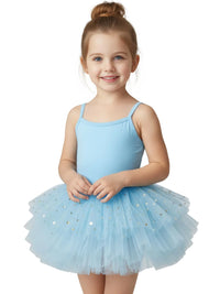 Thumbnail for Young girl wearing a sky blue glitter ballet tutu dress with thin straps on a white background