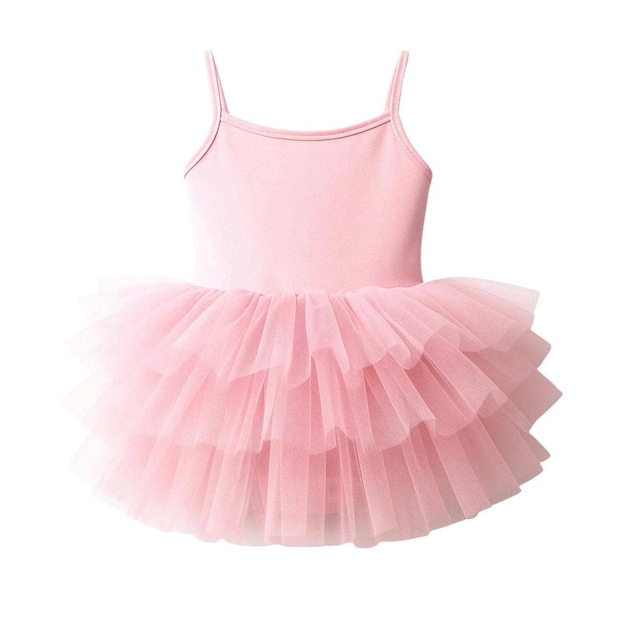 Bright pink ballet tutu dress with thin straps on a white background
