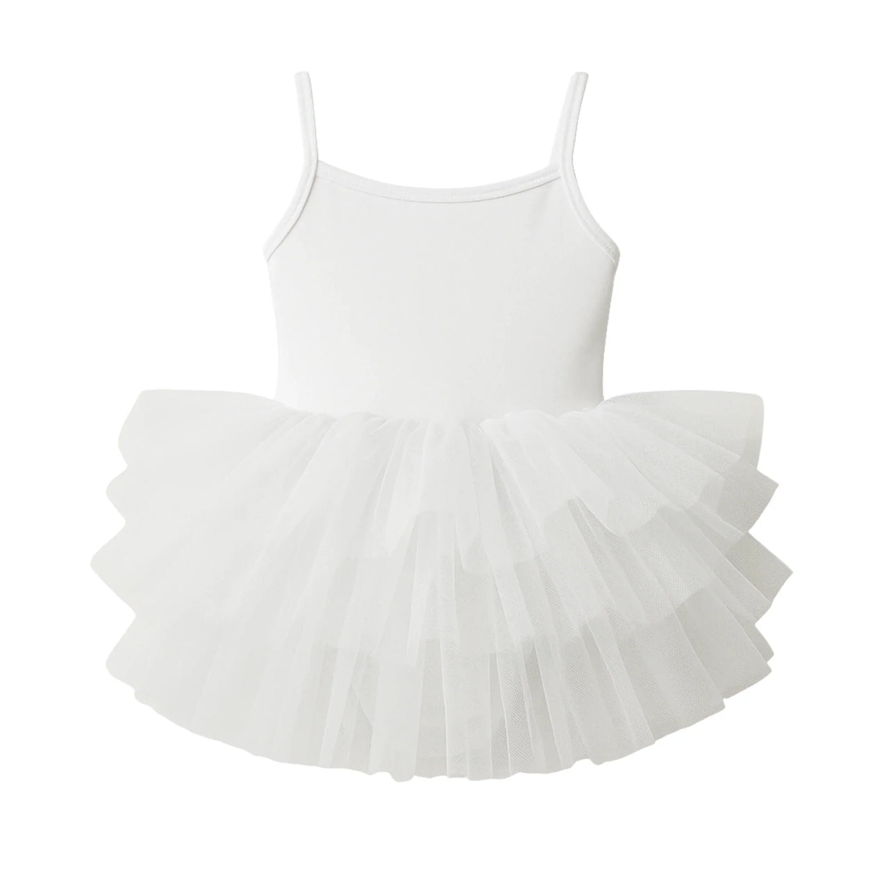 Bright white ballet tutu dress with thin straps on a white background