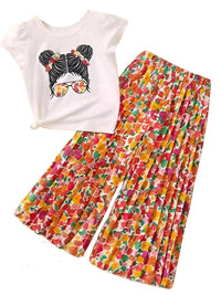Thumbnail for Girls Fashion Short Sleeved T-Shirt + Wide Leg Pants Casual Two-Piece Set Kids Clothes -, Outfit Sets , Drestiny , 2T, 3T, 4T, 5T, 6T, 7T, Australia, Brown, Canada, Casual Pants, Casual Shirts, Deep Pink, Girls, Green, New Zealand, Orange, Pant Sets, Short Sleeves, T-Shirts, TD, United Kingdom, United States, White, Yellow , Drestiny , www.shopdrestiny.com