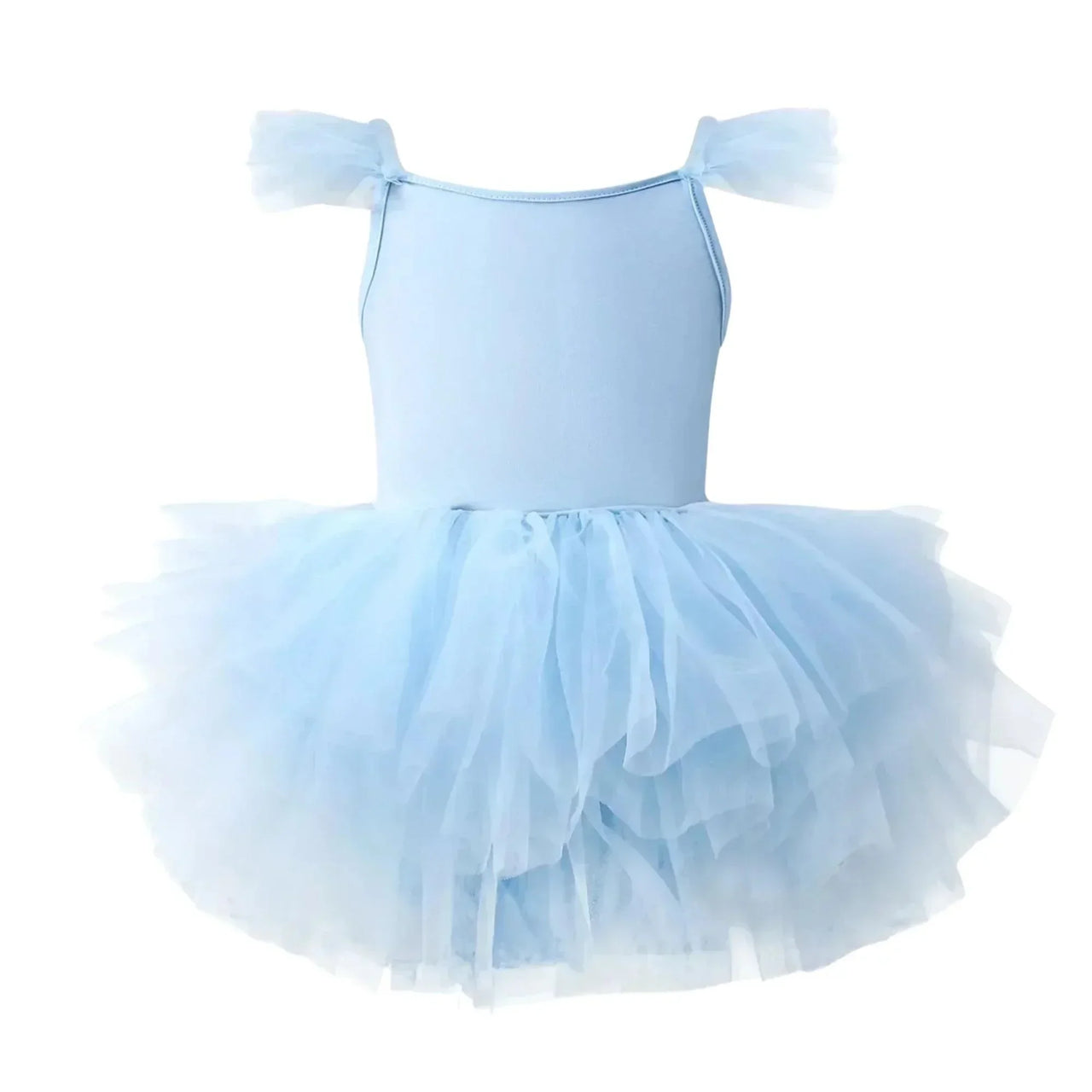 Light blue ballet tutu dress with pom pom sleeves on a white background