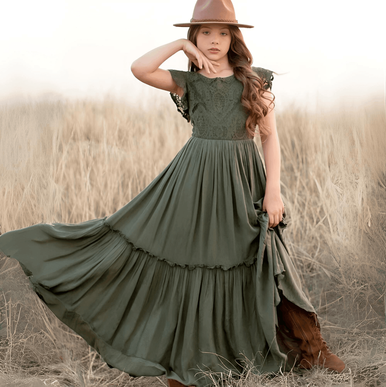 Long Girl's Lace Floral Dress, Drestiny, Dresses, Ankle-Length Dresses, Maxi Dresses, Short Sleeves, 4Y, 6Y, 8Y, 10Y, 12Y, 14Y, United States, USA, Canada, Australia, New Zealand, United Kingdom, UK, White, Wine Red, Pink Champagne, Berry, Olive Green, girls summer dresses, flower girl dresses, summer dresses for girls ages 4-14, white summer dress girl, shopdrestiny.com