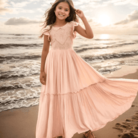 Thumbnail for Long Girl's Lace Floral Dress, Drestiny, Dresses, Ankle-Length Dresses, Maxi Dresses, Short Sleeves, 4Y, 6Y, 8Y, 10Y, 12Y, 14Y, United States, USA, Canada, Australia, New Zealand, United Kingdom, UK, White, Wine Red, Pink Champagne, Berry, Olive Green, girls summer dresses, flower girl dresses, summer dresses for girls ages 4-14, white summer dress girl, shopdrestiny.com