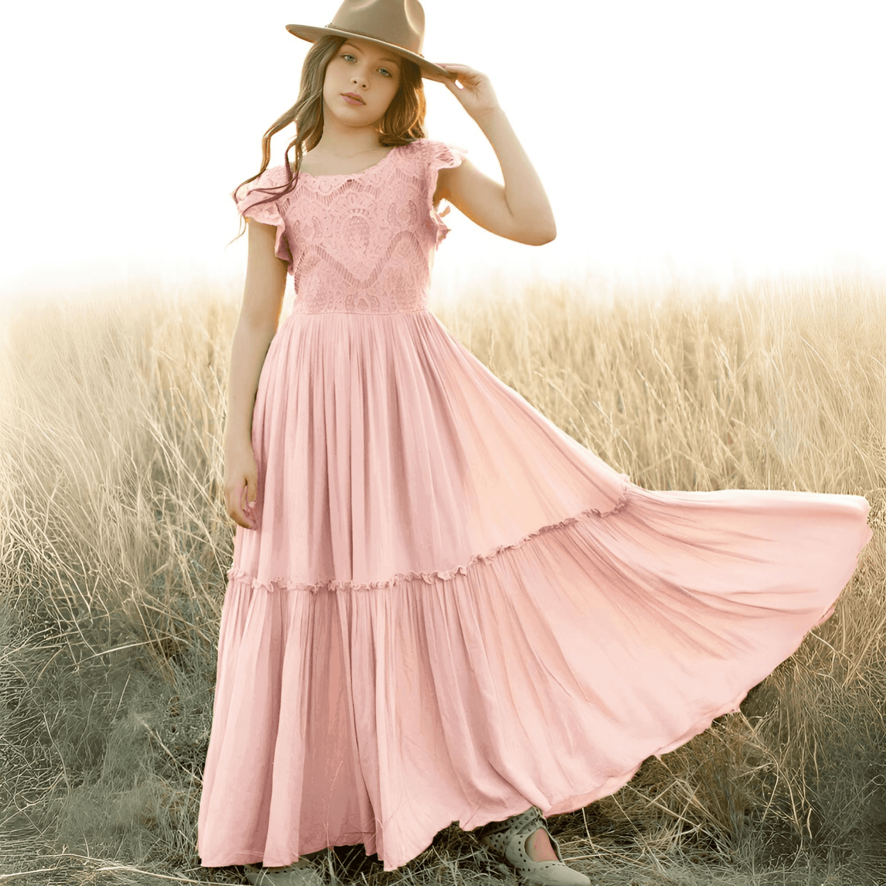 Long Girl's Lace Floral Dress, Drestiny, Dresses, Ankle-Length Dresses, Maxi Dresses, Short Sleeves, 4Y, 6Y, 8Y, 10Y, 12Y, 14Y, United States, USA, Canada, Australia, New Zealand, United Kingdom, UK, White, Wine Red, Pink Champagne, Berry, Olive Green, girls summer dresses, flower girl dresses, summer dresses for girls ages 4-14, white summer dress girl, shopdrestiny.com