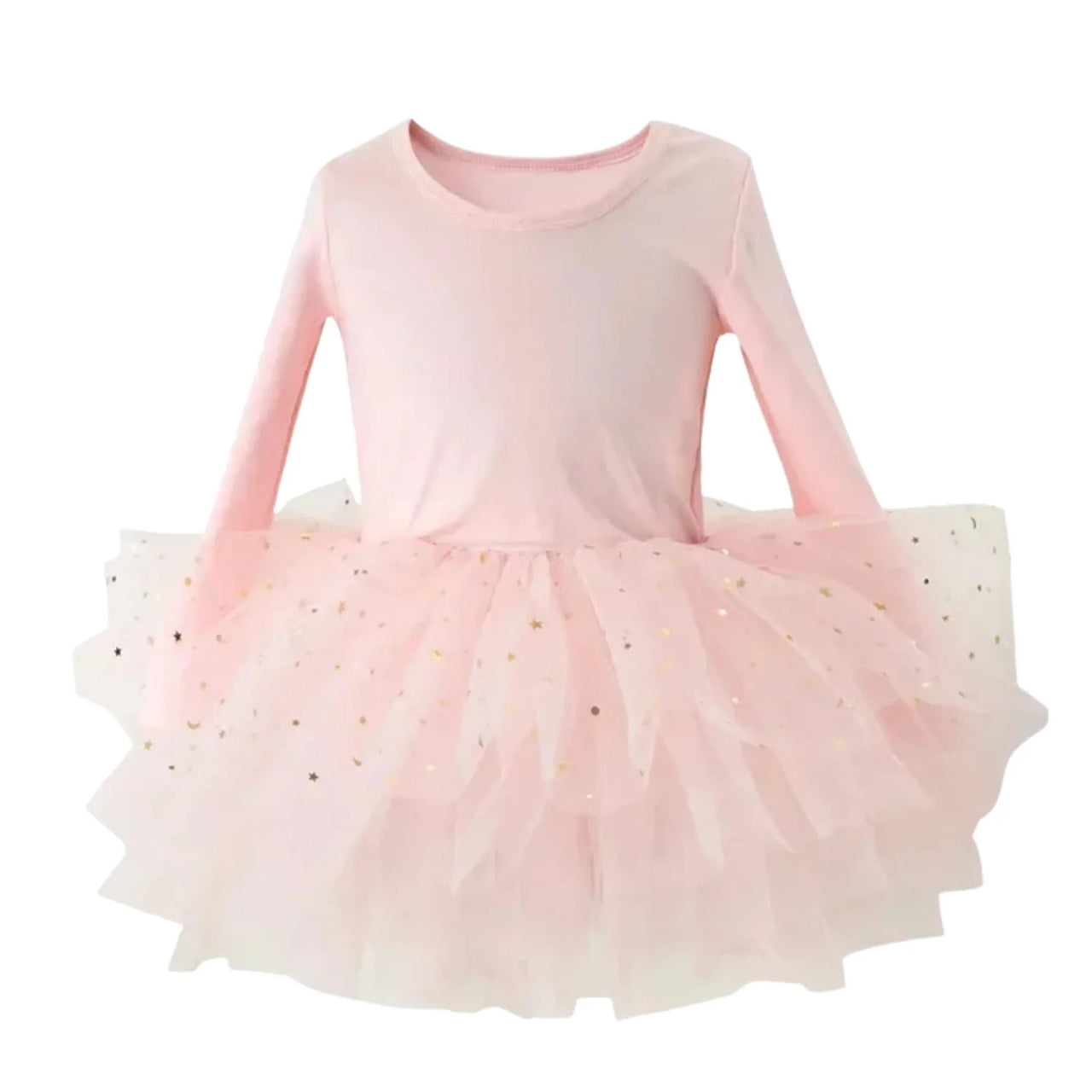 Pink ballet tutu glitter dress with long sleeves on a white background