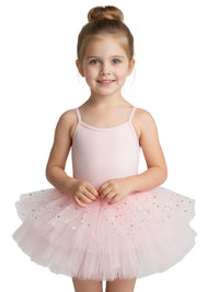 Thumbnail for Young girl wearing a light pink glitter ballet tutu dress with thin straps on a white background