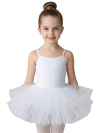 Thumbnail for Young girl wearing a white glitter ballet tutu dress with thin straps on a white background