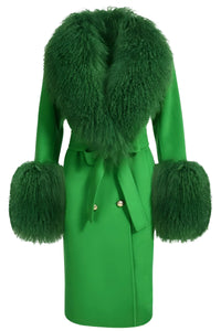 Thumbnail for Green  wool coat with fur-trimmed hood and cuffs on a white background