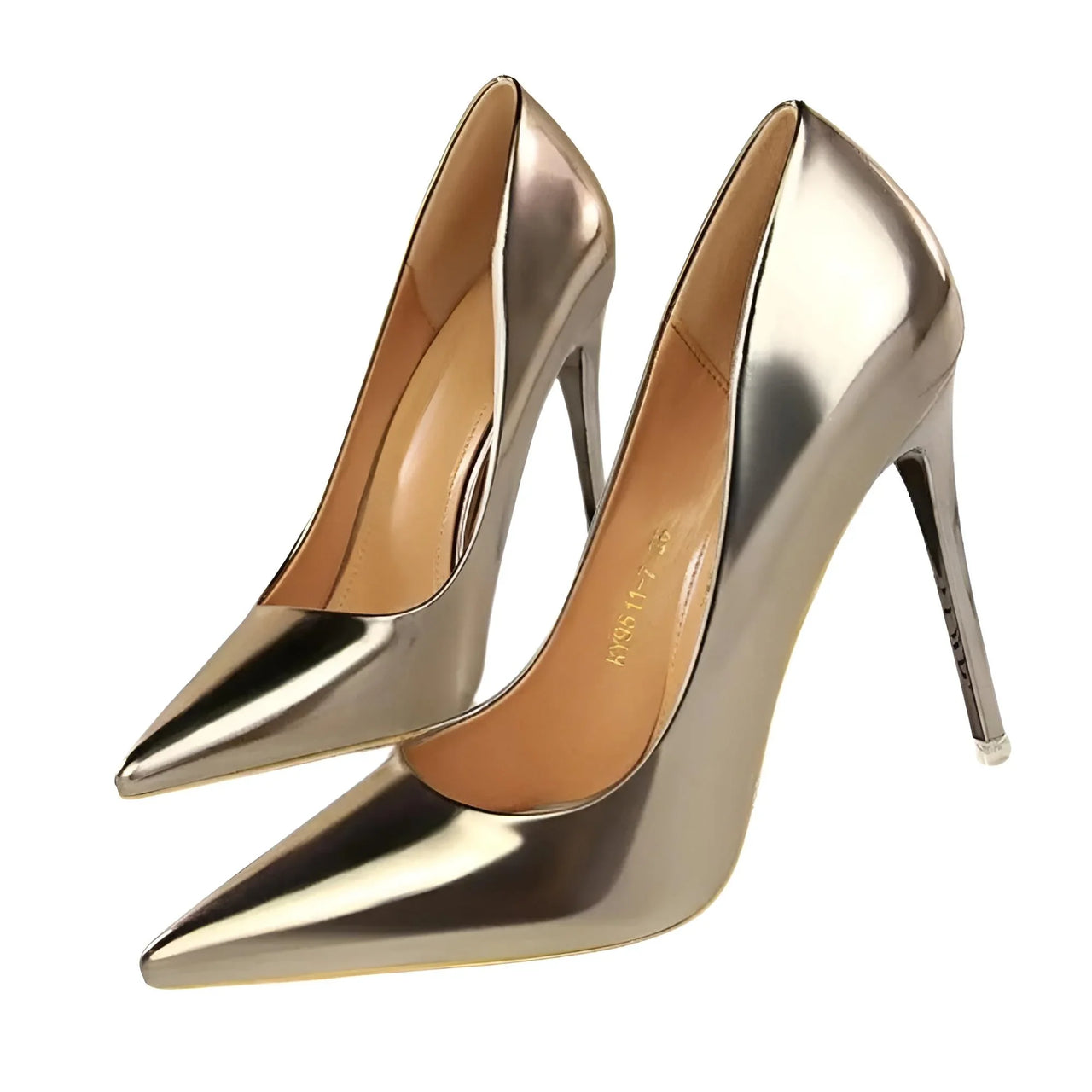 Gun metal gray high-heeled shoes on a white background