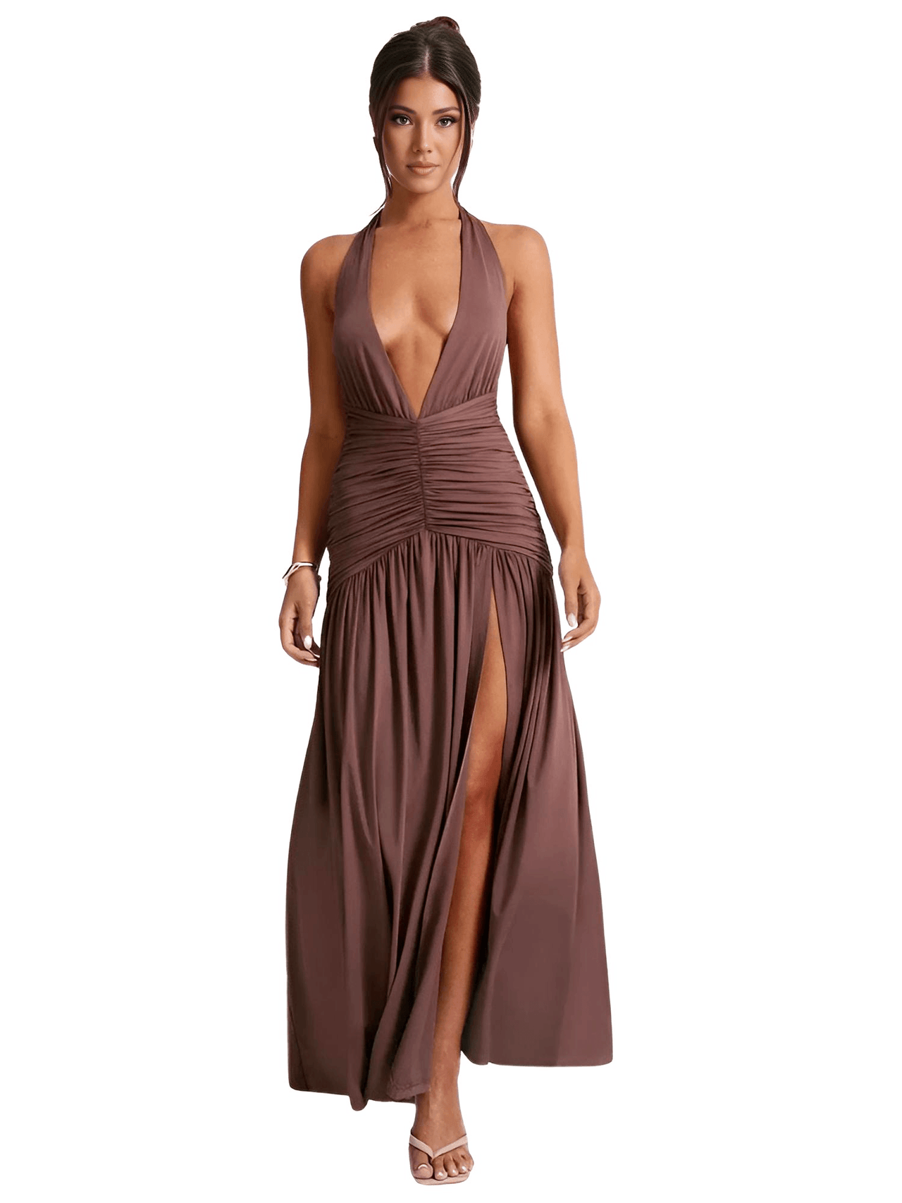 Halter Deep-V Backless Maxi Dress For Women Fashion Solid Sleeveless Thigh High Split Sexy Long Dress Elegant, Drestiny, backless maxi dress summer, sexy backless maxi dresses, long backless dresses for women, backless maxi dress for wedding guest, cheap backless maxi dresses, Ankle Length Dresses, Maxi Dresses, Sleeveless, United States, USA, Canada, Australia, New Zealand, United Kingdom, UK, Brown, White, Black, shopdrestiny.com
