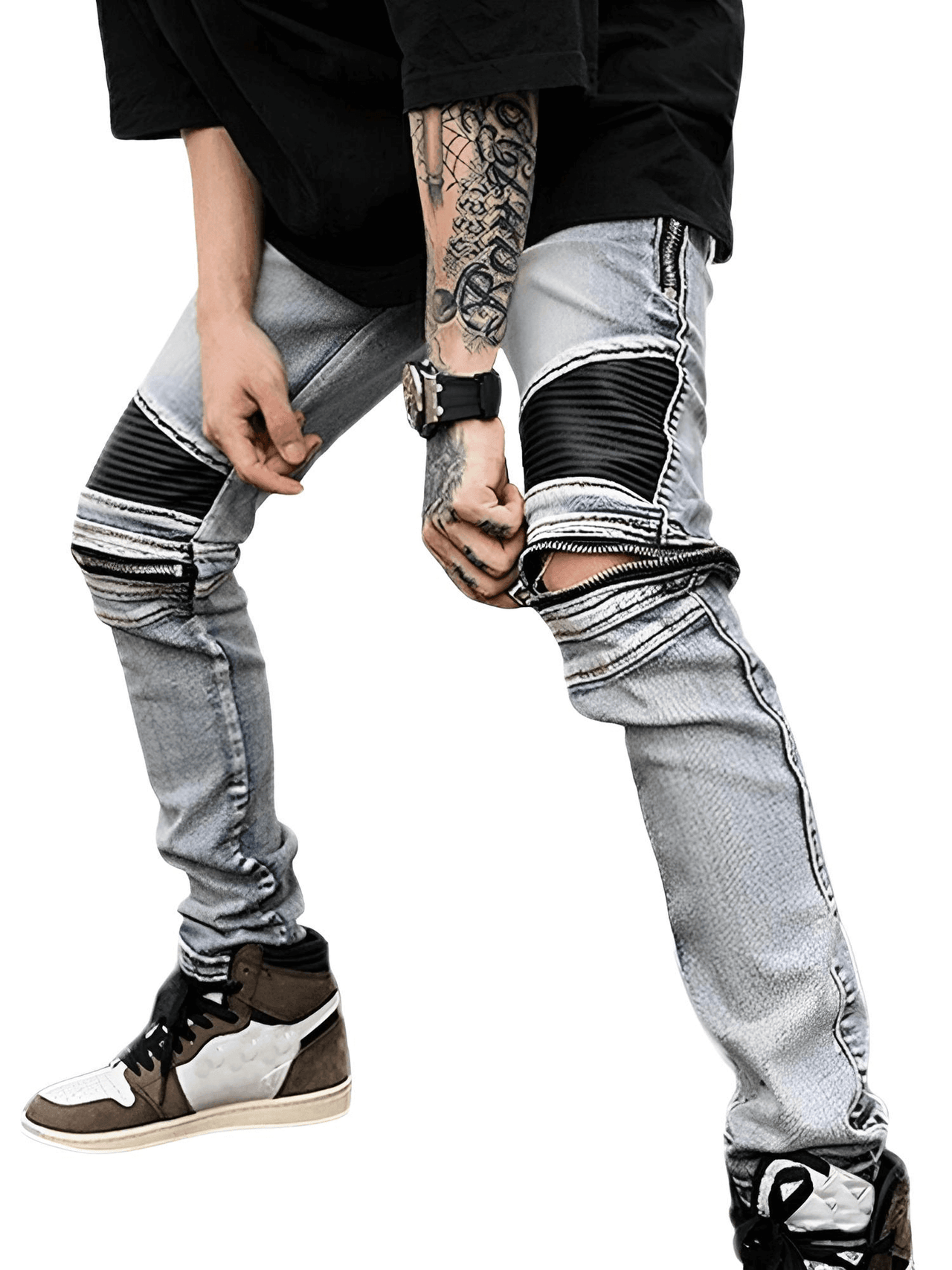 High Street PU Leather Zipper Patchwork Biker Jeans For Men -, Jeans , Drestiny , Australia, Black, Blue, Canada, Casual Pants, FR, Jeans, L, M, New Zealand, S, Skinny Jeans, United Kingdom, United States, XL, XXL , Drestiny , www.shopdrestiny.com