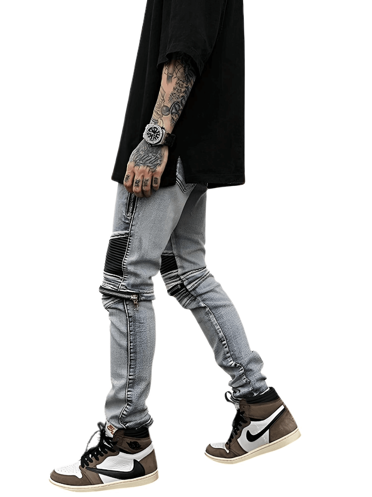 High Street PU Leather Zipper Patchwork Biker Jeans For Men -, Jeans , Drestiny , Australia, Black, Blue, Canada, Casual Pants, FR, Jeans, L, M, New Zealand, S, Skinny Jeans, United Kingdom, United States, XL, XXL , Drestiny , www.shopdrestiny.com