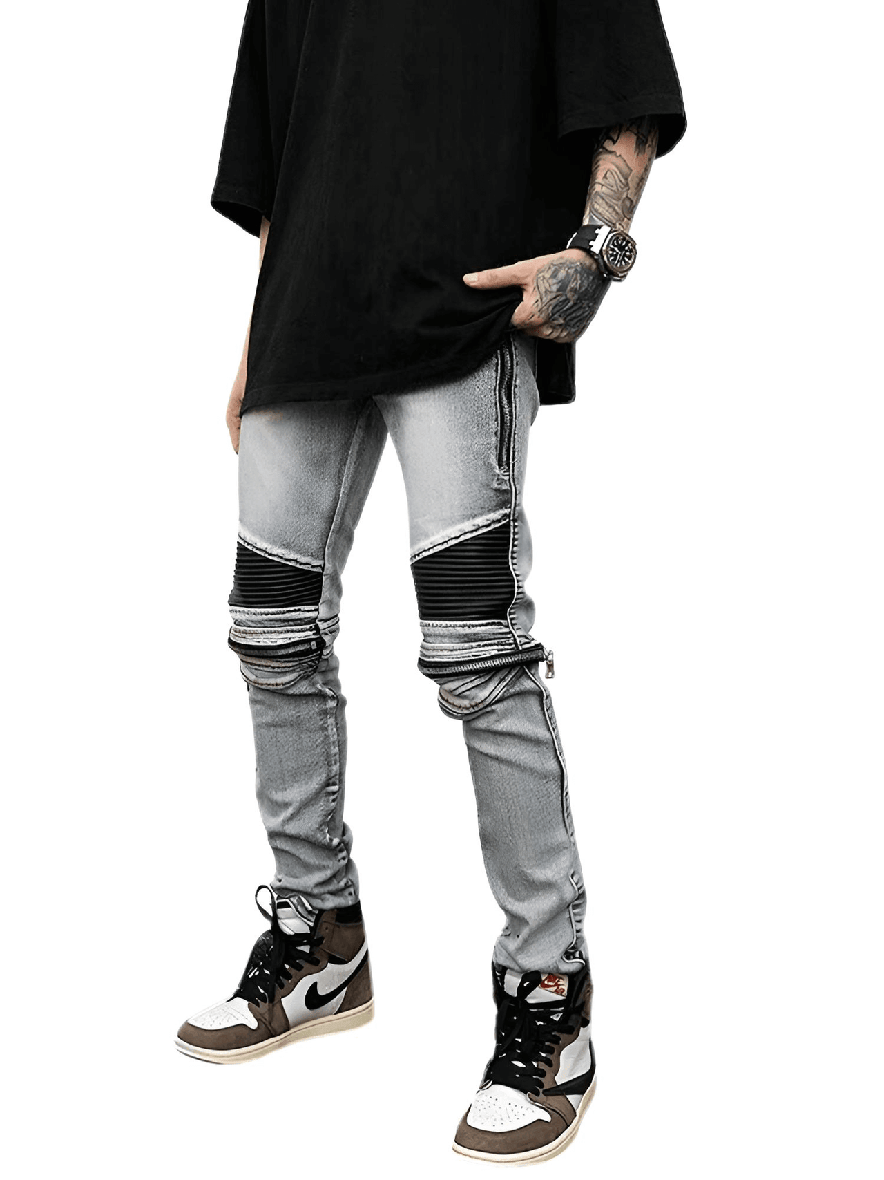 High Street PU Leather Zipper Patchwork Biker Jeans For Men -, Jeans , Drestiny , Australia, Black, Blue, Canada, Casual Pants, FR, Jeans, L, M, New Zealand, S, Skinny Jeans, United Kingdom, United States, XL, XXL , Drestiny , www.shopdrestiny.com