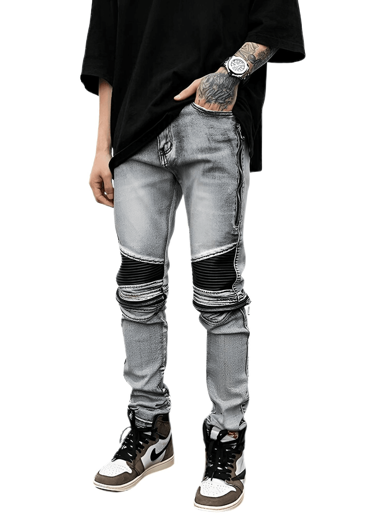 High Street PU Leather Zipper Patchwork Biker Jeans For Men -, Jeans , Drestiny , Australia, Black, Blue, Canada, Casual Pants, FR, Jeans, L, M, New Zealand, S, Skinny Jeans, United Kingdom, United States, XL, XXL , Drestiny , www.shopdrestiny.com