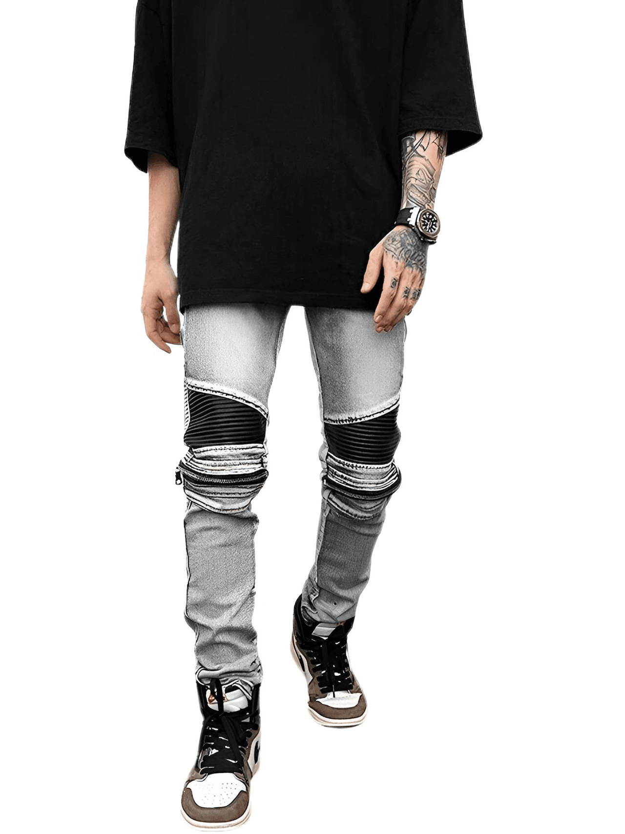 High Street PU Leather Zipper Patchwork Biker Jeans For Men -, Jeans , Drestiny , Australia, Black, Blue, Canada, Casual Pants, FR, Jeans, L, M, New Zealand, S, Skinny Jeans, United Kingdom, United States, XL, XXL , Drestiny , www.shopdrestiny.com