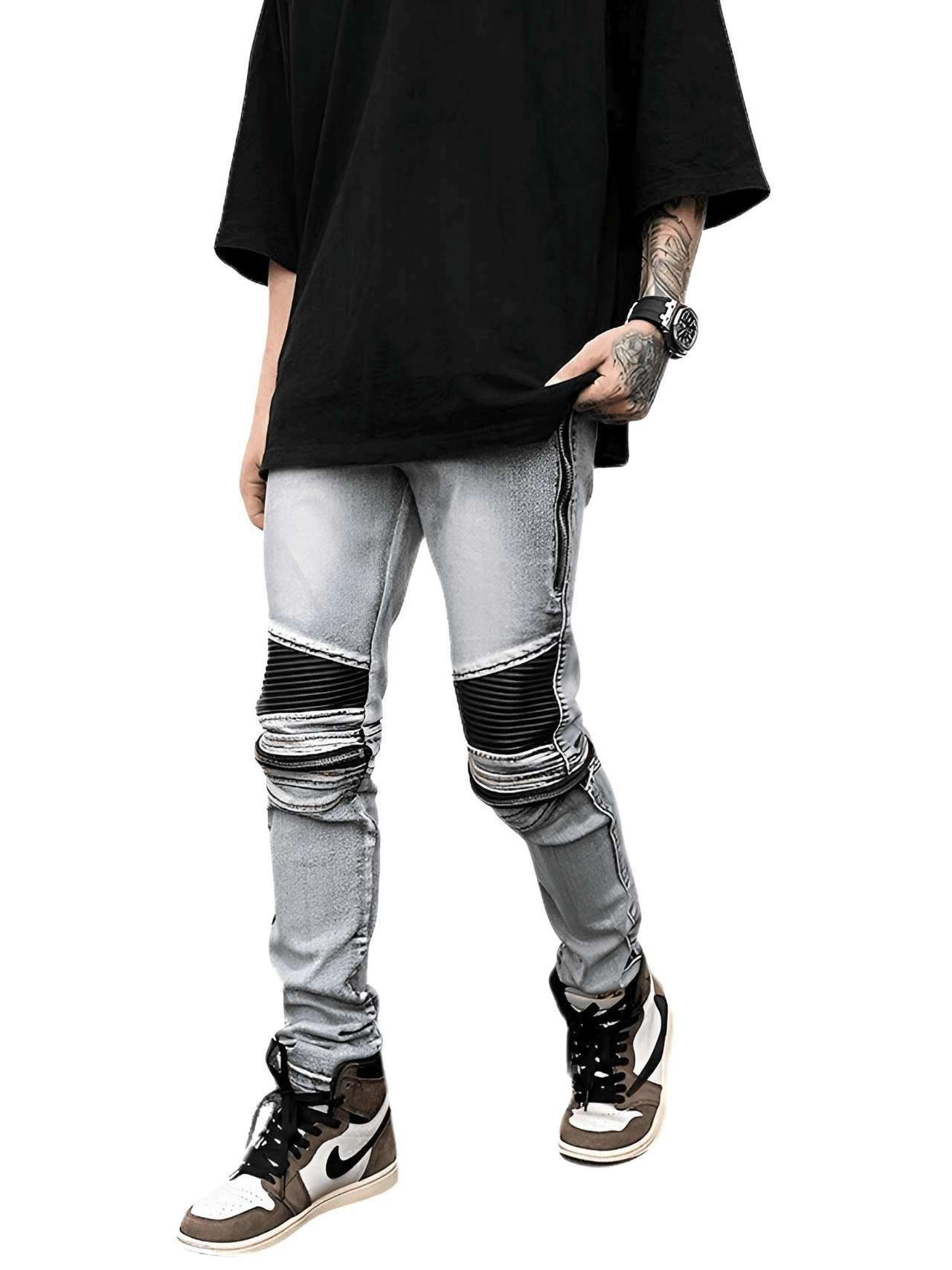 High Street PU Leather Zipper Patchwork Biker Jeans For Men -, Jeans , Drestiny , Australia, Black, Blue, Canada, Casual Pants, FR, Jeans, L, M, New Zealand, S, Skinny Jeans, United Kingdom, United States, XL, XXL , Drestiny , www.shopdrestiny.com