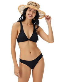 Thumbnail for Woman wearing a black bikini and straw hat on a white background
