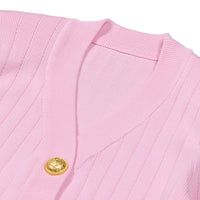 Thumbnail for Close-up of a pink cardigan with a gold button on a white background